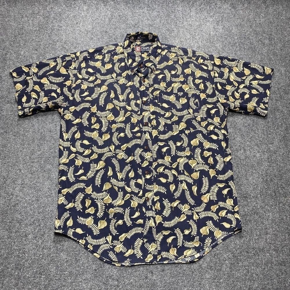 Chaps Ralph Lauren Shirt Mens Medium Navy Tan Leaf Print Short Sleeve Resort